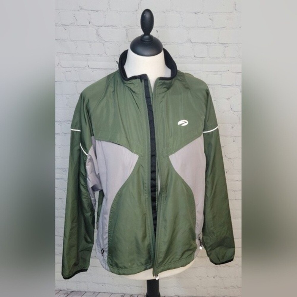 Brooks Running Jacket Sz S Color Block Panel Green Full Zip Pockets Windbreaker